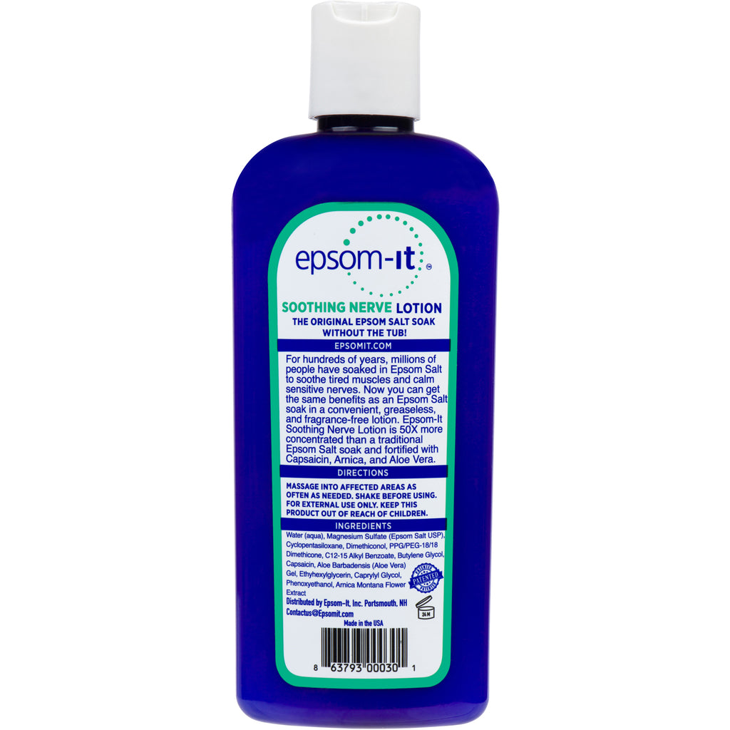 Epsom-It Soothing Nerve Lotion provides patented, drug-free relief for nerve discomfort with a concentrated Epsom Salt formula fortified with Arnica, Capsaicin, and Aloe Vera. Natural, greaseless, and easy to apply for deep, soothing relief.