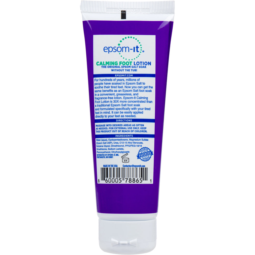 Epsom-It Calming Foot Lotion Tube soothes tingling feet with a concentrated Epsom Salt formula. Fortified with natural Urea, this all-natural, greaseless lotion provides deep relief for foot discomfort. Easy to apply and perfect for on-the-go use.