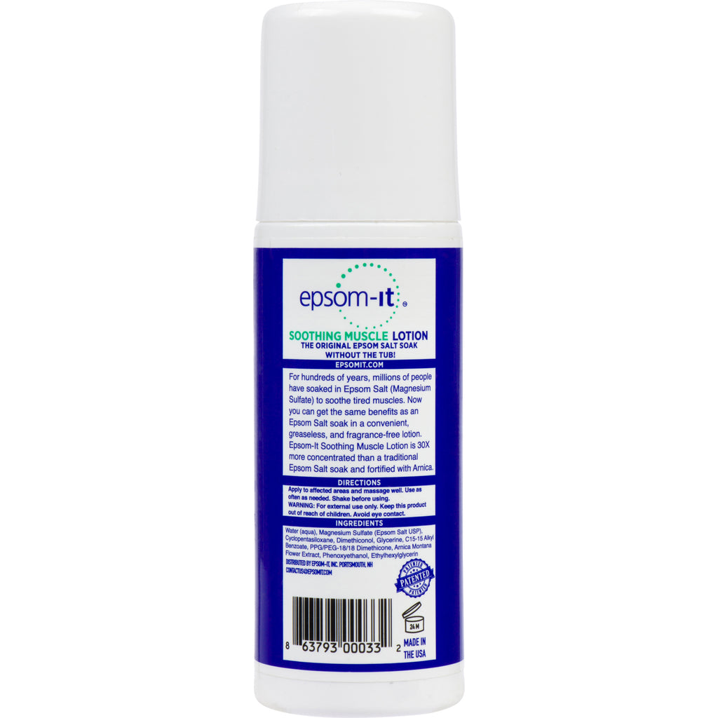 Epsom-It's Soothing Muscle Lotion Rollerball offers fast, deep relief for sore muscles and joints. This concentrated, natural Epsom Salt formula with Arnica is easy to apply and perfect for on-the-go use. Greaseless and fragrance-free.
