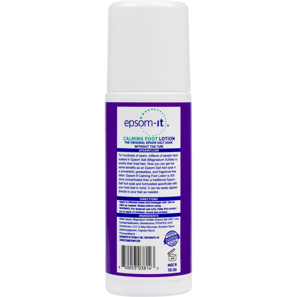 Epsom-It Calming Foot Lotion Rollerball soothes tingling feet with a concentrated Epsom Salt formula. Fortified with natural Urea, this all-natural, greaseless lotion provides deep relief for foot discomfort. Compact and easy to apply, perfect for on-the-go relief.
