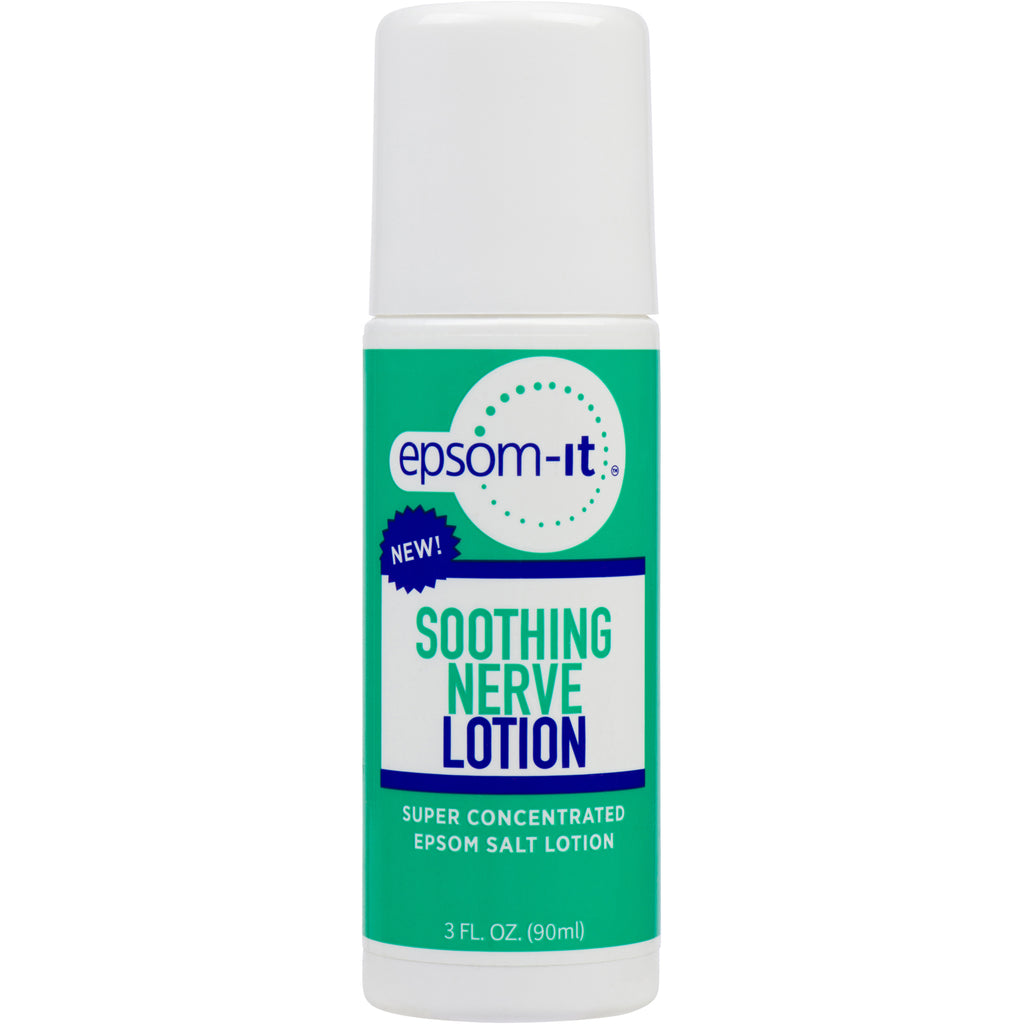 Epsom-It's Soothing Nerve Lotion Rollerball offers patented, deep relief for nerve discomfort with concentrated Epsom Salt, Arnica, Capsaicin, and Aloe Vera. Convenient, greaseless, and fragrance-free for easy, on-the-go application.