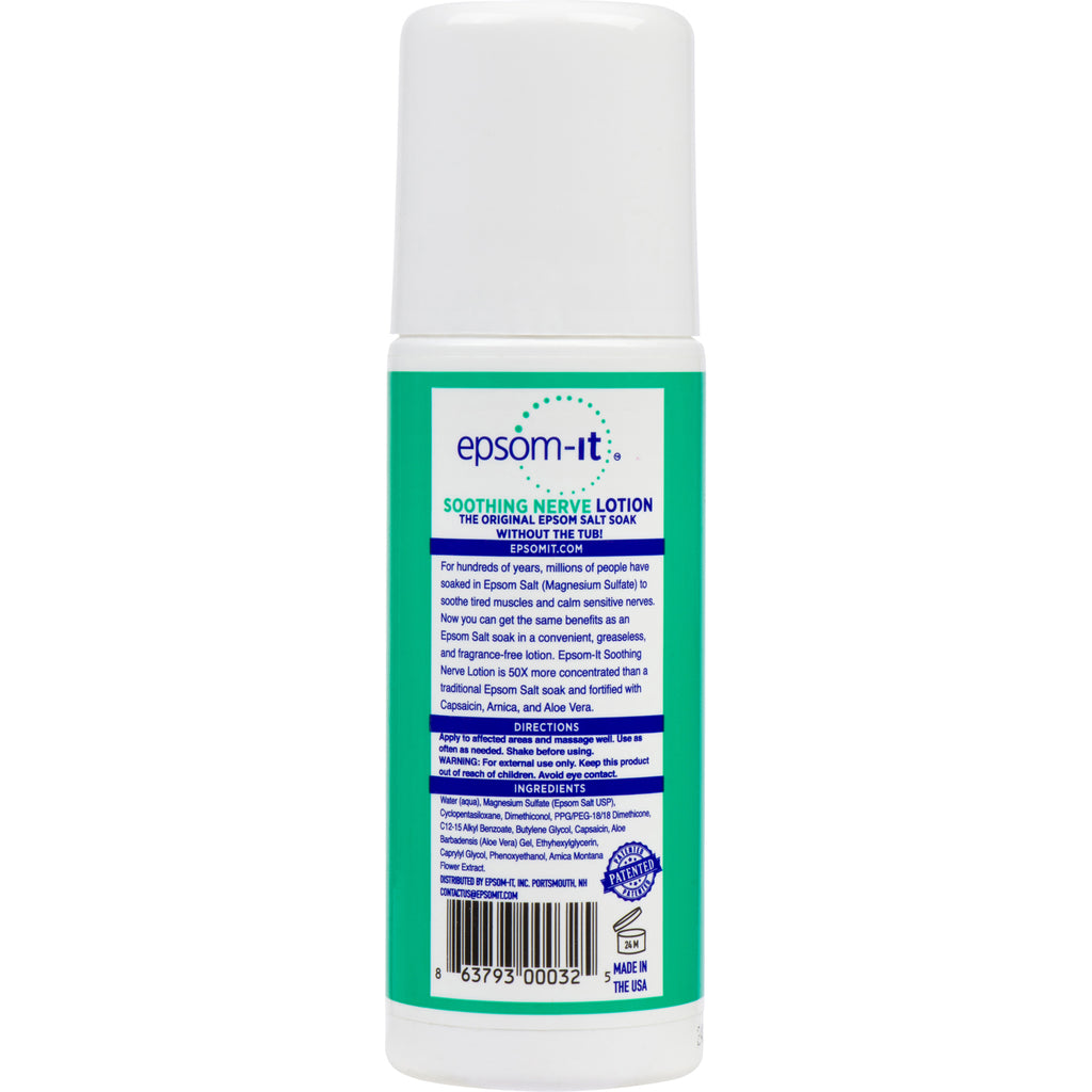 Epsom-It's Soothing Nerve Lotion Rollerball offers patented, deep relief for nerve discomfort with concentrated Epsom Salt, Arnica, Capsaicin, and Aloe Vera. Convenient, greaseless, and fragrance-free for easy, on-the-go application.