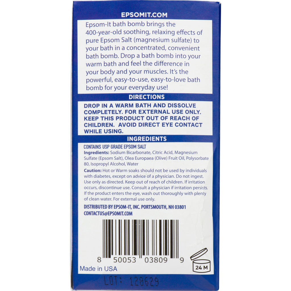 Experience deep relaxation with Epsom-It's Epsom Salt Bath Bomb. This no-frills, concentrated bath bomb eases aches and soreness with 7% Epsom Salt. Natural, paraben-free, and gentle on the skin, it's the perfect drop-and-soak solution for a rejuvenating bath.