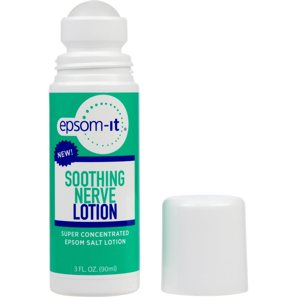 Epsom-It's Soothing Nerve Lotion Rollerball offers patented, deep relief for nerve discomfort with concentrated Epsom Salt, Arnica, Capsaicin, and Aloe Vera. Convenient, greaseless, and fragrance-free for easy, on-the-go application.
